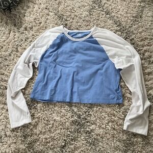 Victorias Secret PINK Raglan Baseball Tee Blue White Cropped Long Sleeve XXL